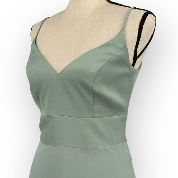 David's Bridal Spaghetti Strap Crepe-Back Satin Dress in Dusty Sage - Picture 6 of 13
